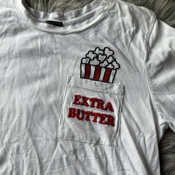 Love Peace & Lazy Days Shirt Sz L Juniors T-shirt White Extra Butter Movie Crop - Picture 2 of 10